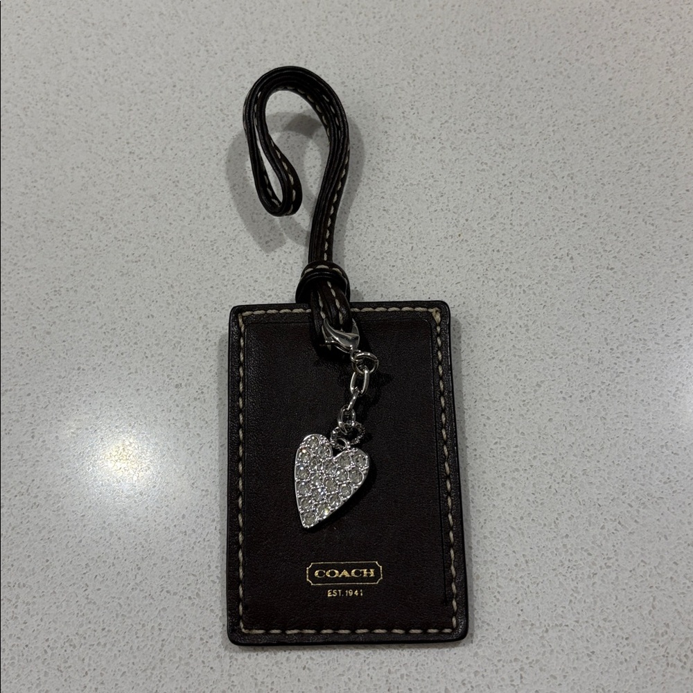 Coach Dark Brown Leather Tag with added Silver Heart Charm